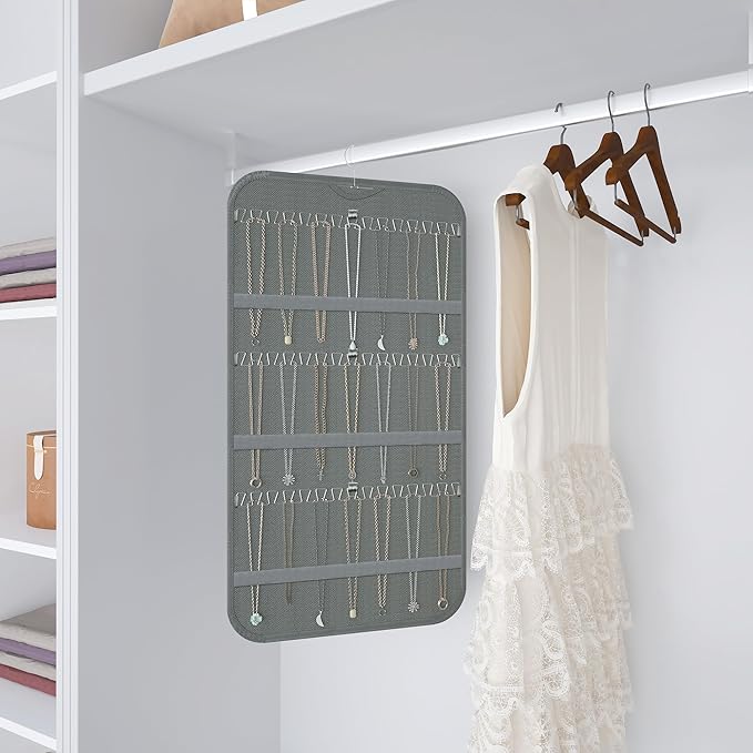 2-Pack Hanging Jewelry Organizer Storage, 40 Pockets 36 Hooks Necklace Earring Necklace Bracelet Ring Organizer, Double - Sided Design, Grey
