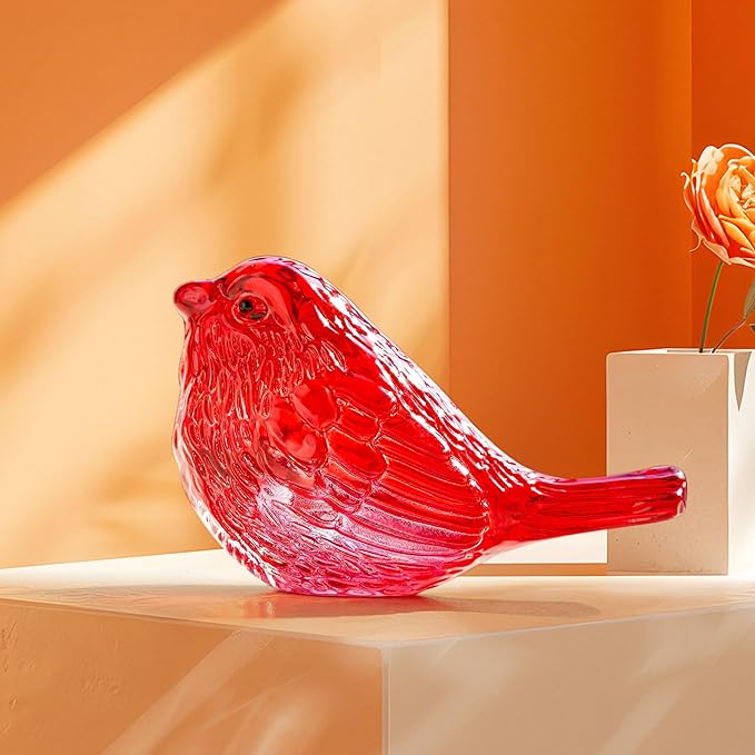 H&D HYALINE & DORA Crystal Handmade Red Bird Figurine Gifts for Bird Lovers Women Men Blown Glass Birds Collectible Figurines for Desk Table Home Office Decor