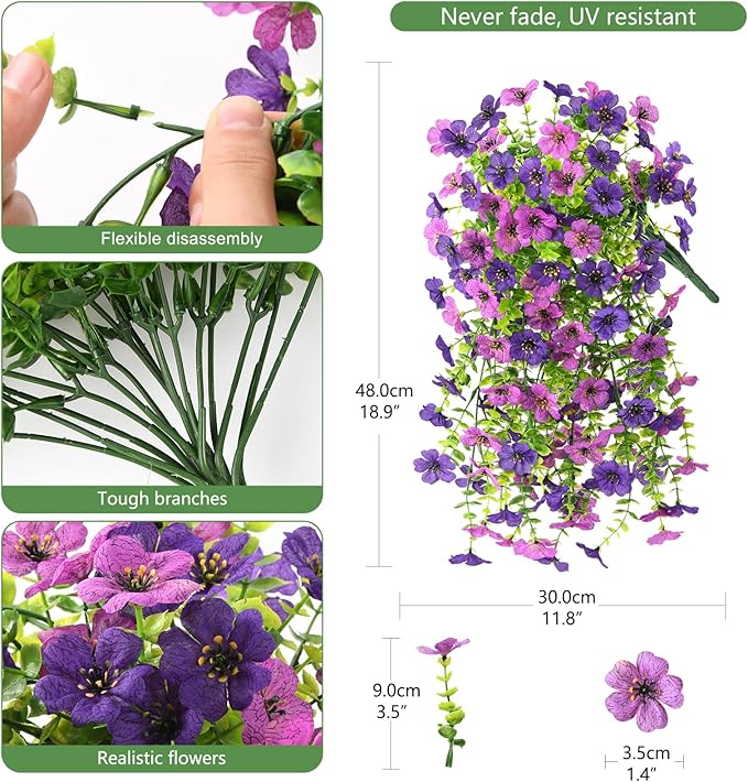 INQCMY 2Pcs Artificial Fake Hanging Flowers for Outdoors UV Resistant Artificial Plants for Spring Summer Decor Look Real Faux Flowers for Outside Home Planter Porch Patio Decor