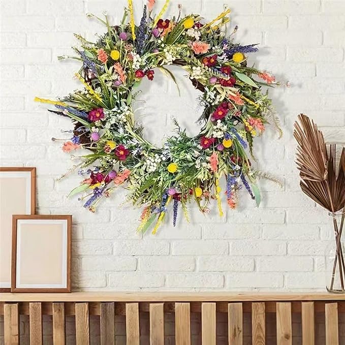 20 Inch Summer Wreaths for Front Door, Artificial Daisy Wildflower Lavender Front Door Wreath Spring,Green Eucalyptus Wreath for Window Wall Farmhouse Home Decor Porch Outdoor