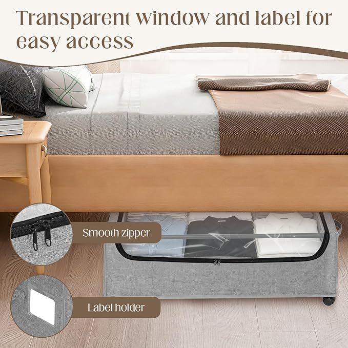 Under Bed Storage with Wheels, 2 Pack Under Bed Storage Containers, 10.6 inches Tall Underbed storage bins on Wheels, Rolling Under the Bed Metal Drawers for Clothes, Blankets, Shoes (XXXL, 90L)