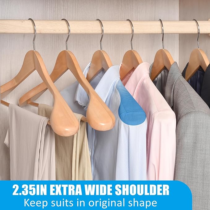 Amber Home 6 Pack Wide Shoulder Wooden Suit Hangers, Natural Wood Coat Hangers with Non Slip Pants Bar, Clothes Hangers for Jackets, Sweaters, Pants & Heavy Clothes (Natural, 6 Pack)