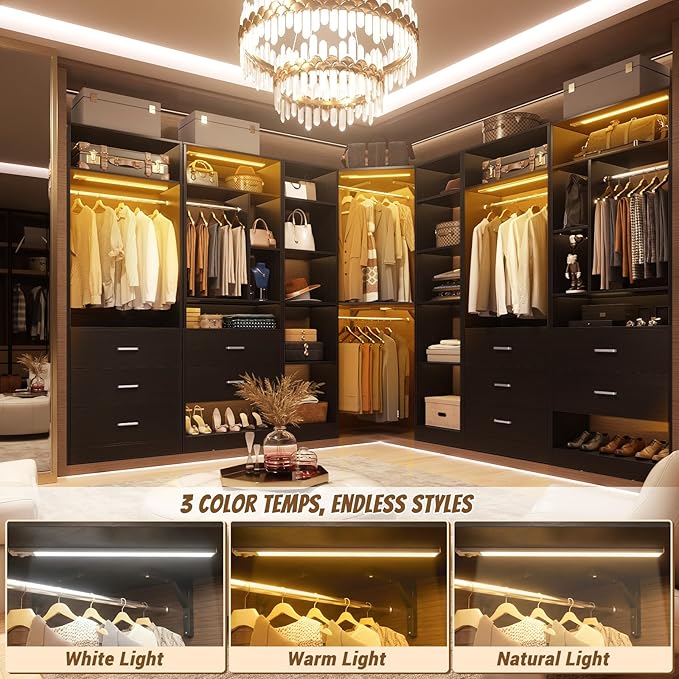 Corner Closet System with 2 Motion Sensor Lights, 39.2" Corner Closet Organizer with 12 Shelves, Closet Corner with 2 Hanging Rods, Versatile 6-Tier Walk-in Closets for Corner Space, Black