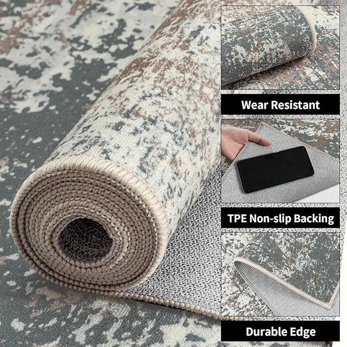 Ciicool 2'6"x10' Washable Runner Rug, Modern Abstract Hallway Rugs Runner, Non-Slip Thin Accent Rug Lightweight Grey Brown Distressed Carpet Runners for Laundry Entryway Bedroom Kitchen Indoor
