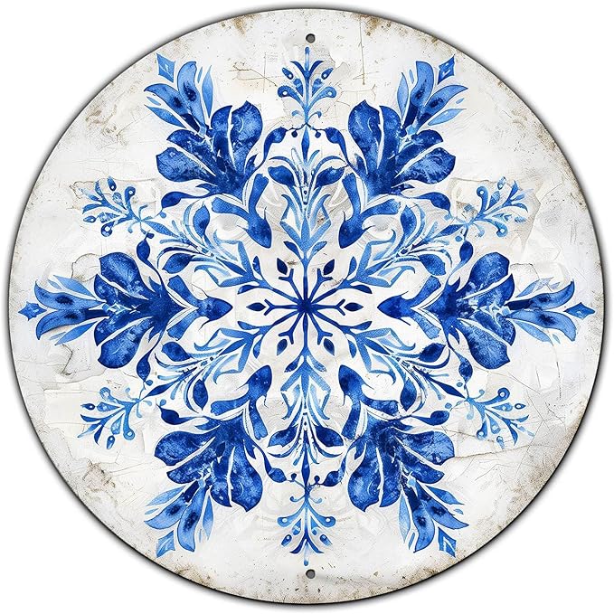 Vintage Snowflake Winter Christmas Sign Metal Sign Retro Round Tin Sign Aluminum Sign for Farmhouse Yard Home Bar Bedroom Wall Decor 12 Inch