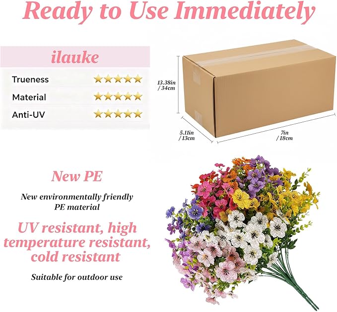 ilauke 9 Bundles Artificial Flowers for Outdoors, Fake Flowers UV Resistant, Faux Flower Plants 9 Colors with Eucalyptus, Plastic Flower Outside Planter Garden Porch Patio Window boxs Yard Decorations