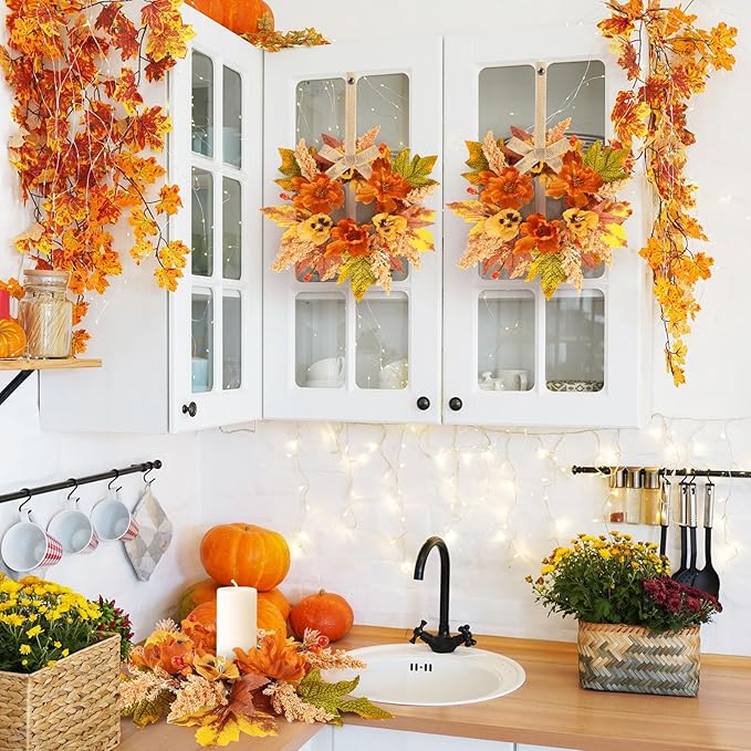 12 Pcs Fall Floral Swags Wreaths Mini Autumn Artificial Candle Rings Wreaths with Berries 3 inch Farmhouse Cabinets Hanging Wreath for Pillar Front Door Porch Wall Window Decoration