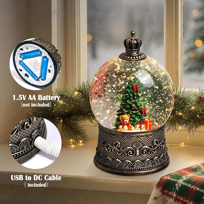 Christmas Tree Snow Globe Christmas Decorations Indoor Gifts Auto Snowfall Glitter Music Collection Teddy Bear Gift Box with 6H Timer USB/Battery Powered 105mm Globe