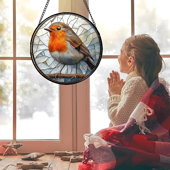 Stained Glass Window Hanging - Orange Grey Robin Sun Catcher for Door Garden Home Decor Bird Lovers Suncatcher Christmas Mother's Day Birthday Gifts for Women Men Mom Nana 6.3 in