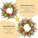 22 Inch Artificial Spring Summer Wreaths for Front Door Daisy Flower Wreath with Wildflowers,Eucalyptus Leaves,Ferns for Indoor Outdoor Wall Porch Festival Farmhouse Home Holiday Decor.