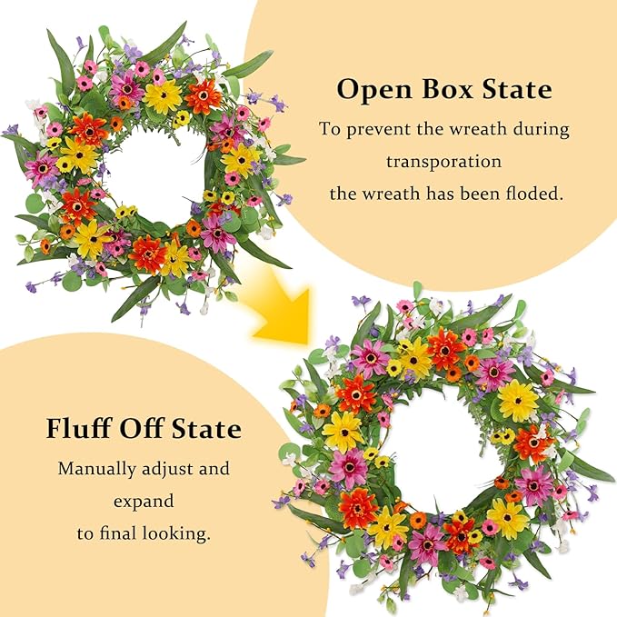 22 Inch Artificial Spring Summer Wreaths for Front Door Daisy Flower Wreath with Wildflowers,Eucalyptus Leaves,Ferns for Indoor Outdoor Wall Porch Festival Farmhouse Home Holiday Decor.