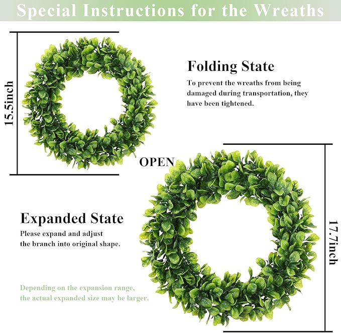 U'Artlines 17" Spring Summer Wreath for Door Green Boxwood Wreath Greenery Hanging Garland for Home Wedding Wall Window Decoration(01)