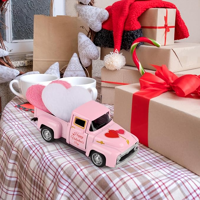 Valentine's Day Mini Metal Farm Truck with Pink and White Hearts Vintage Metal Pickup Romantic Love Model Truck Farmhouse Tiered Tray Decor for Shelf Kitchen Table Home Decor
