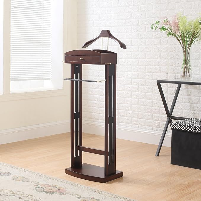 Proman Products Milan Valet Stand with Drawer, Top Tray, Contour Hanger, Trouser Bar, Tie & Belt Hooks and Shoe Rack - VL16226, Dark Walnut