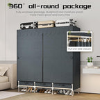 Portable Wardrobe, Freestanding Closet Hanging Organization, Metal Frame with Grey Fabric Cover, 3 Storage Compartments, 3 Hanging Rods, 3 Drawers.