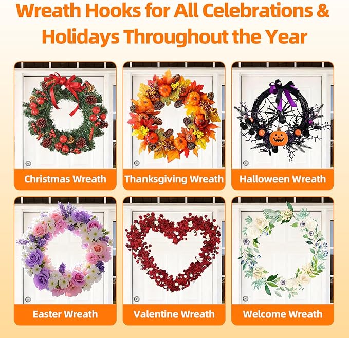 Suction Cup Wreath Hanger for Front Door, Over Door, Window Glass, Mirrors, Tiles – Decorative Hooks for Christmas/Thanksgiving/Halloween/July 4th/Easter/Valentine/Spring/Summer/Fall (2 Pack, Walnut)