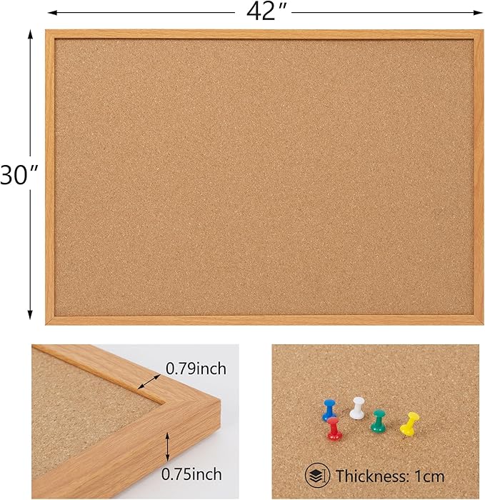 2 Pack Cork Board Bulletin Board 30" x 42", Oak Framed 4x3 Corkboard, Office Board for Wall Decor, Large Wall Mounted Notice Pin Board with 30 Push Pins for School, Home & Office