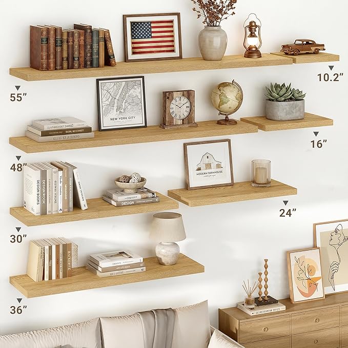 Vivelove 10" Deep Floating Shelves with Invisible Brackets, 55" Wall Shelves for Bathroom Bedroom Kitchen Living Room Laundry Room, Modern Rustic Shelves for Home Decor, 55"x10.2"x1.5", Set of 2, Oak