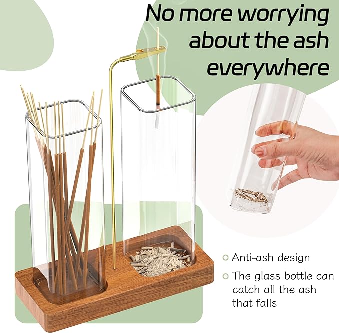 Incense Holder for Sticks, 2 in 1 Incense Burner with 7.1" & 7.1" Glass Jars, Upside Down Incense Holder with Ash Catcher & Storage for Meditation Yoga Spa Home Decor with 20 Incense Sticks & Brush