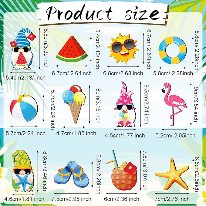 Geelin 36 Pcs Summer Wood Hanging Ornaments for Tree Mini Tree Decorations Hawaiian Beach Wooden Pendant Decorations with String for Luau Party Supplies(Gnome)