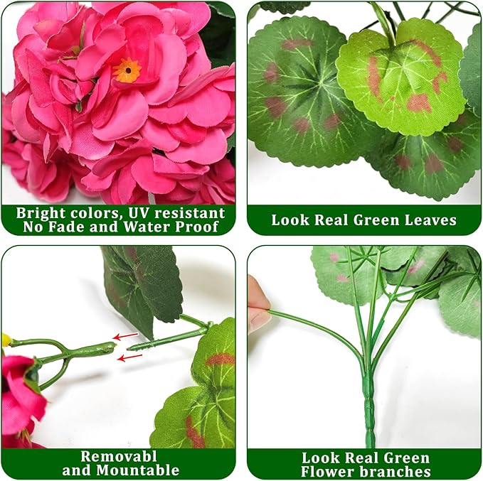 Artificial Geraniums Flowers for Outdoors Spring Decor, 8 Bundles UV Resistant Fake Geraniums Flowers Silk Faux Plants for Home Planter Gardens Table Patio Porch Indoor Summer Cemetery Decor(Pink)