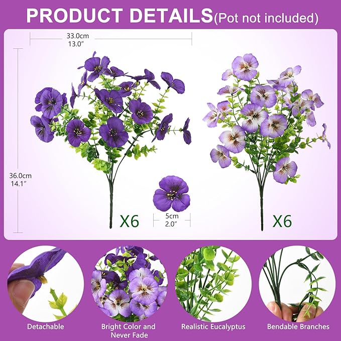INQCMY Artificial Fake Pansy Flowers for Outdoor, 12 Pcs Faux Silk Pansies Flower for Spring Summer Decoration, UV Resistant Fake Plants for Outside Planter Porch Yard Patio Home Decor(Double Purple)