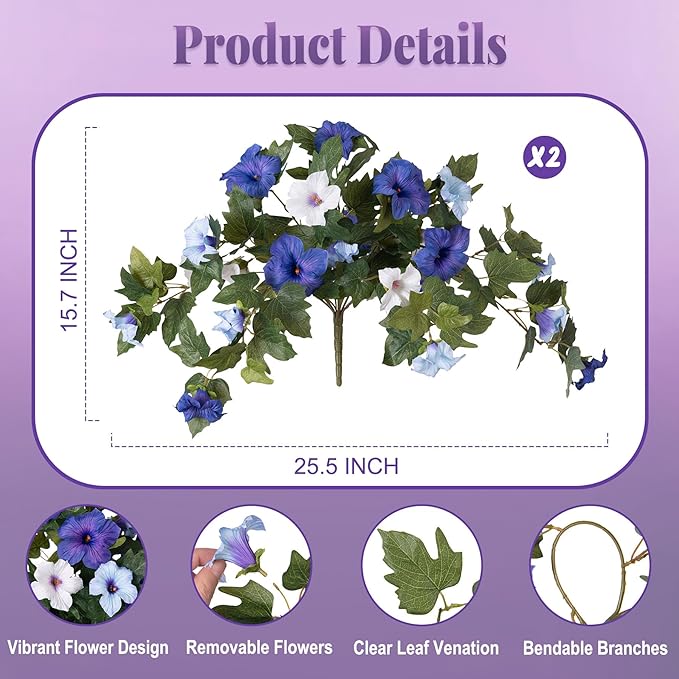 Artificial Fake Petunia Flowers for Outdoor Decoration, 2PCS Faux Silk Petunias Flower for Spring UV Resistant No Fade Realistic Plants for Garden Balcony Yard Porch Indoor Decor(Blue White)