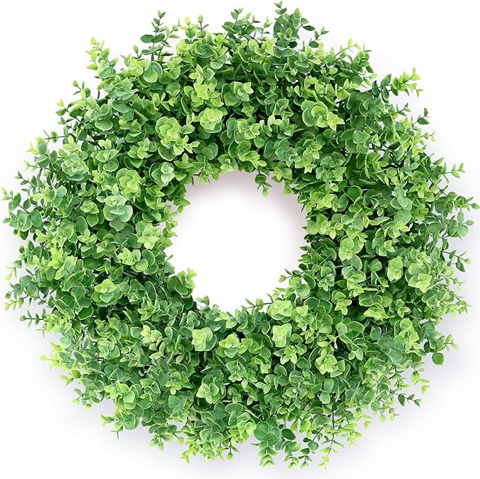 26" Eucalyptus Wreath for Front Door, Porch, Window - Large Artificial Eucalyptus Leaves Greenery Outdoor Wreath for Home, Farmhouse Decor - Spring, Summer, Fall, All Seasons (Green)