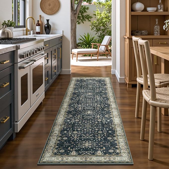 Lessymo Black Washable 2x6 Runner Rugs for Hallway Kitchen Bedroom Beside Laundry Room Bathroom Rug, Non Slip Low Pile Stain Resistant Soft Faux Wool Long 24 x 72 Floor Carpet, Floral Moody Decor