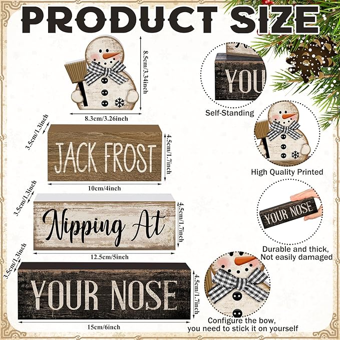 Moucuny 4 Pcs Winter Table Decor Wooden Snowman Black and White Winter Tiered Tray Decor Rustic Decorative Snowman Block Sign Gifts Christmas Centerpiece Rustic Christmas Decorations for Home Kitchen