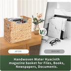 Magazines Holders, Handwoven Magazine Basket for Bathroom, Water Hyacinth Wicker Magazine Rack for Books, Files, Newspapers, Rectangular, 14.2 x 11.4 x 6.7 inch