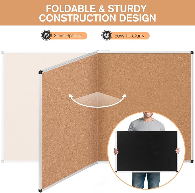 Extra Large Cork Bulletin Board 72" X 48", Foldable Notice Pin Board for Wall, Silver Aluminum Framed 6'x4' Corkboard, Wall Mounted Noticeboard with 36 Push Pins for School, Home & Office