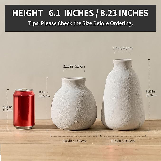 Ceramic Vase Set of 2 for Home Decor, 6.1"+8.23" Handcrafted Off-White Rustic Terracotta Vases, Vintage Farmhouse Decor, Minimalist Decorative Vases for Table Centerpiece Fireplace Nightstand