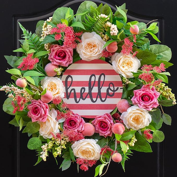 Spring Summer Wreaths for Front Door Outside, 24 Inch Peony & Rose Floral Summer Wreath with Pink Peach Farmhouse Door Decor, Spring Wreaths for Front Door, Spring Door Wreath for Front Door Outside