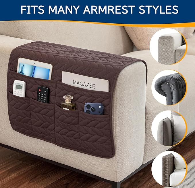 Remote Control Holder for Armchair, Couch Caddy Organizer TV Remote Holder for Recliner Couch With 6 Pockets, Non-Slip Arm Chair Caddy Bedside Table Organizer for Magazine, Tablet, Phone, iPad (Brown)