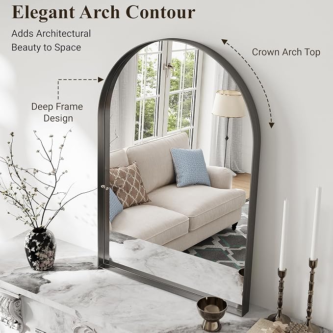 Arch Bathroom Mirror, 24"x36" Wall Mounted Vanity Mirror with Deep Frame, Tempered Glass Decor Mirror for Bathroom, Bedroom, Entryway and Living Room, Hanging or Leaning, Black