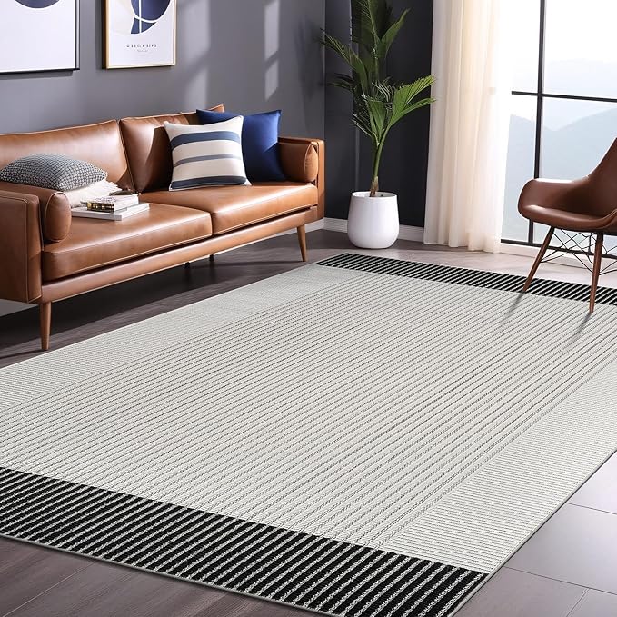 Modern Micro Loop Indoor Area Rugs for Living Room Bedroom Kitchen Geometric Striped Black-White 5x7 Luxury Durable Low and High Pile Non-Shedding Stain Resistant Soft Area Carpet 5 x 7