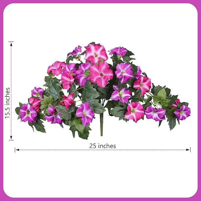HyeFlora Artificial Flowers for Outdoors 2PCS Spring Faux Morning Glory Look Real Silk Flowers for Outside Planter UV Resistant Fake Flowers for Home Garden Balcony Yard Porch Deco