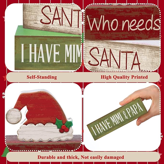 Lineshading 4 Pcs Christmas Table Decorations Wooden Red Santa Hat Christmas Tiered Tray Decor Rustic Wood Santa Hat Block Sign Xmas Centerpiece Mimi and Papa's Gift Decor for Home Shelf Kitchen