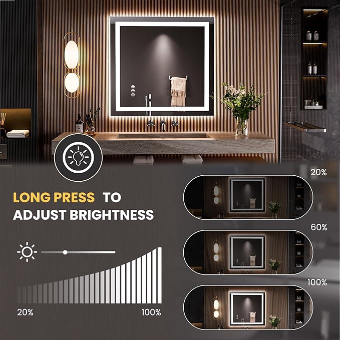 LOAAO 36"x34" LED Bathroom Mirror with Lights, Anti-Fog, Dimmable, Backlit + Front Lit, Lighted Bathroom Vanity Mirror for Wall, Memory Function