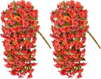 Artificial Fall Hanging Flowers for Outdoors Decoration, 2PCS Fake Plants Faux Realistic Silk Morning Glory Long Vines UV Resistant for Autumn Outside Porch Patio Balcony Yard Planter, OrangeRed