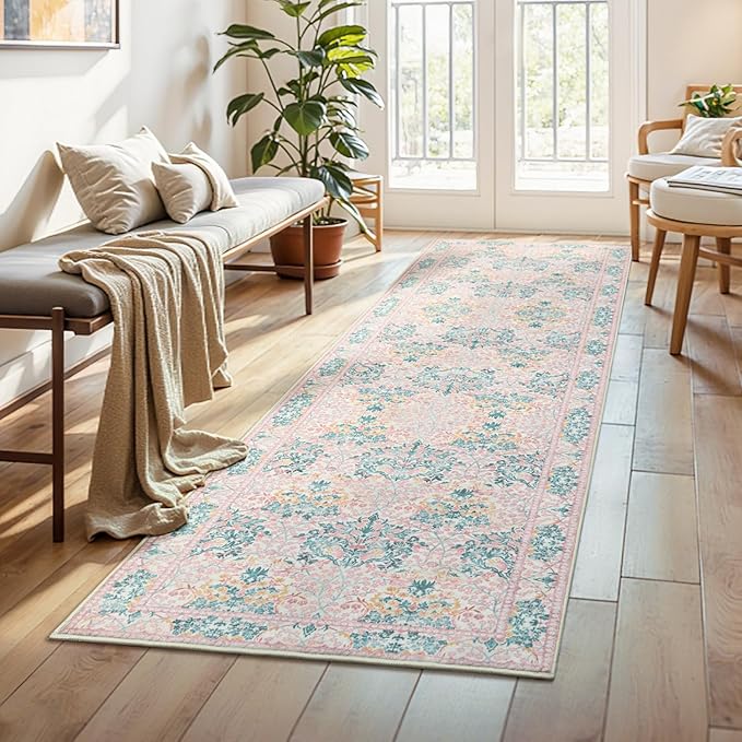 Lessymo Pink Runner Rug for Entryway, 2x6 Kitchen Rugs Non Slip Rubber Fuzzy Soft Washable Runners for Hallway, Faux Wool Small Floor Mat Bedroom Rug, Vintage Floral Design Decor, Pink Green