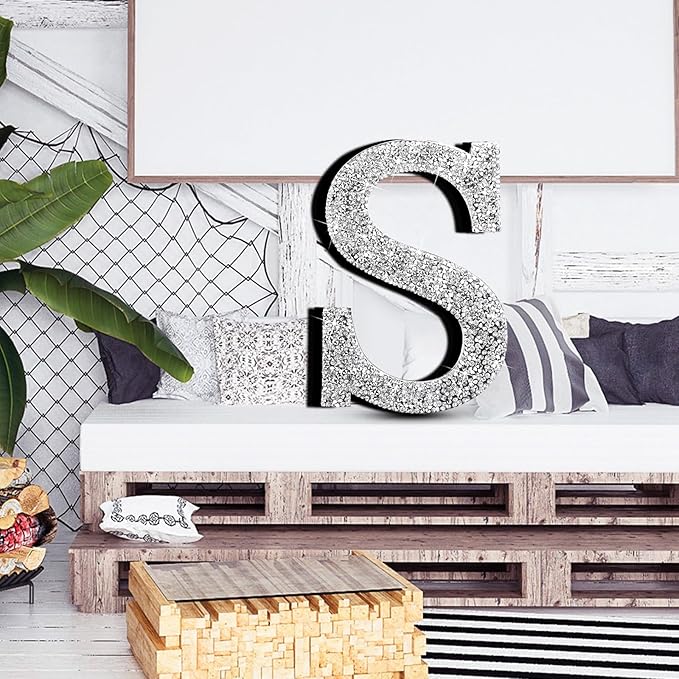 Qunclay 12'' Silver Crystal Diamond Bling Letters Crushed Diamond Decoration Wooden Glitter Letter with Screw and Hooks Rhinestone Gift for Wedding Y2k Mcbling Bedroom Wall Decor (Letter S)