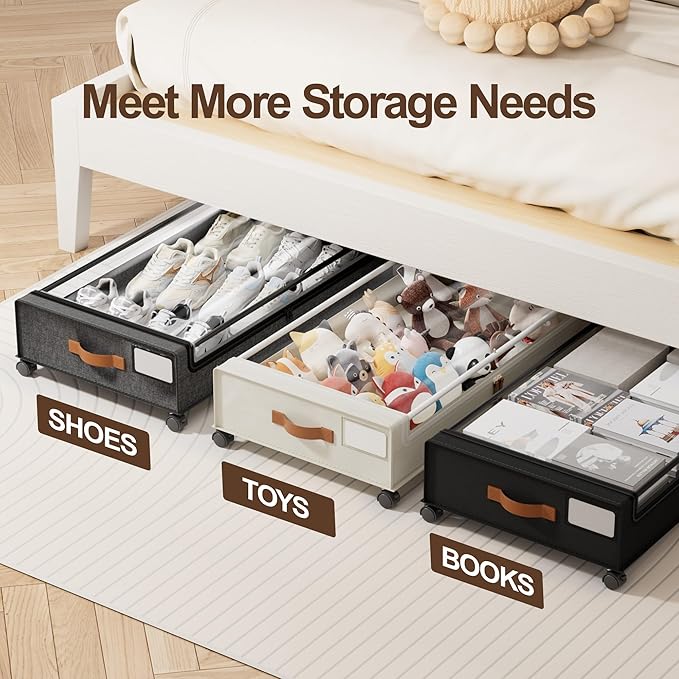 LAMU Under Bed Storage with Wheels, 2 Pack Under Bed Storage Containers with Clear Lid, XXL 60L Underbed Storage Bins, Rolling Under Bed Metal Drawers for Clothes, Blankets, Shoes, Hemp Grey