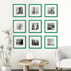 Vittanly 12x12 Picture Frames Set of 9, Shatter Resistant Plexiglass, Display 8x8 Pictures with Mat or 12x12 without Mat, Photo Frames for Wall Mount, Engineered Wood, Green