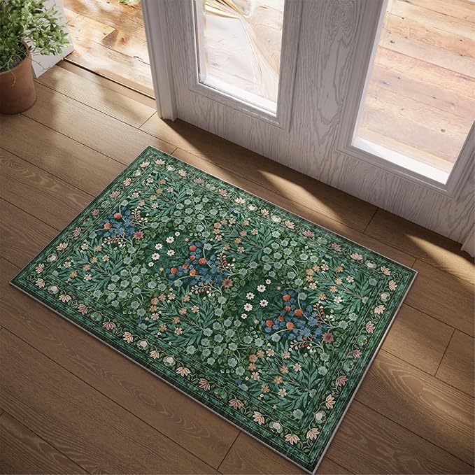 Floral Non-Slip Washable Entryway Rug, 2x3 Boho Forest Design Green, Soft Indoor Door Mat for Kitchen, Bedroom & Bathroom, Ultra-Thin Easy Clean Small Throw Carpet