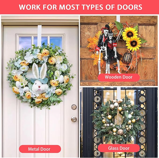 12” Metal Over the Door Wreath Hanger for Front Door, 2 Pack Non-Scratch Door Hook for Hanging Christmas Wreaths, Holiday Decor & Welcome Signs, Durable Wreath Hanger Hooks for Home Decoration, White