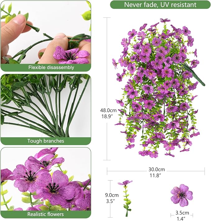 INQCMY 2Pcs Artificial Fake Hanging Flowers for Outdoors UV Resistant Artificial Plants for Spring Summer Decor Look Real Faux Flowers for Outside Home Planter Porch Patio Decor
