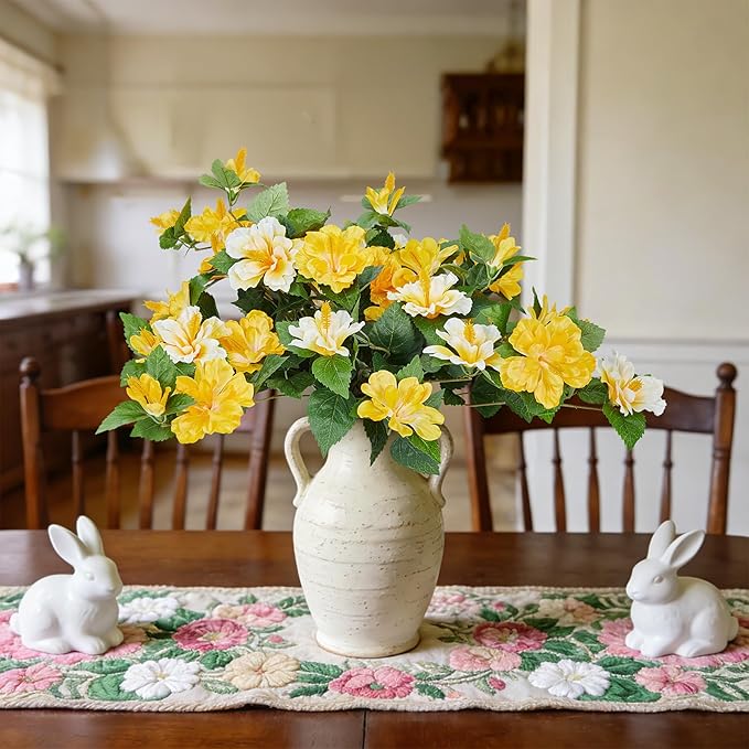 Artificial Flowers for Outdoors Indoors,2 Bunches Fake Hibiscus with Realistic UV Resistant Silk Flower Fabric Leaves,Faux Plants Outside for Home Patio Garden Yard Poch Decor(Yellow,White)