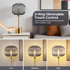 QiMH Glass Table Lamp for Living Room, Modern Bedside Lamp with Grey Ribbed Glass Shade, 3-Way Dimmable Touch Control Nightstand Lamp for Bedroom, Brushed Gold (2700K LED Bulb Included)